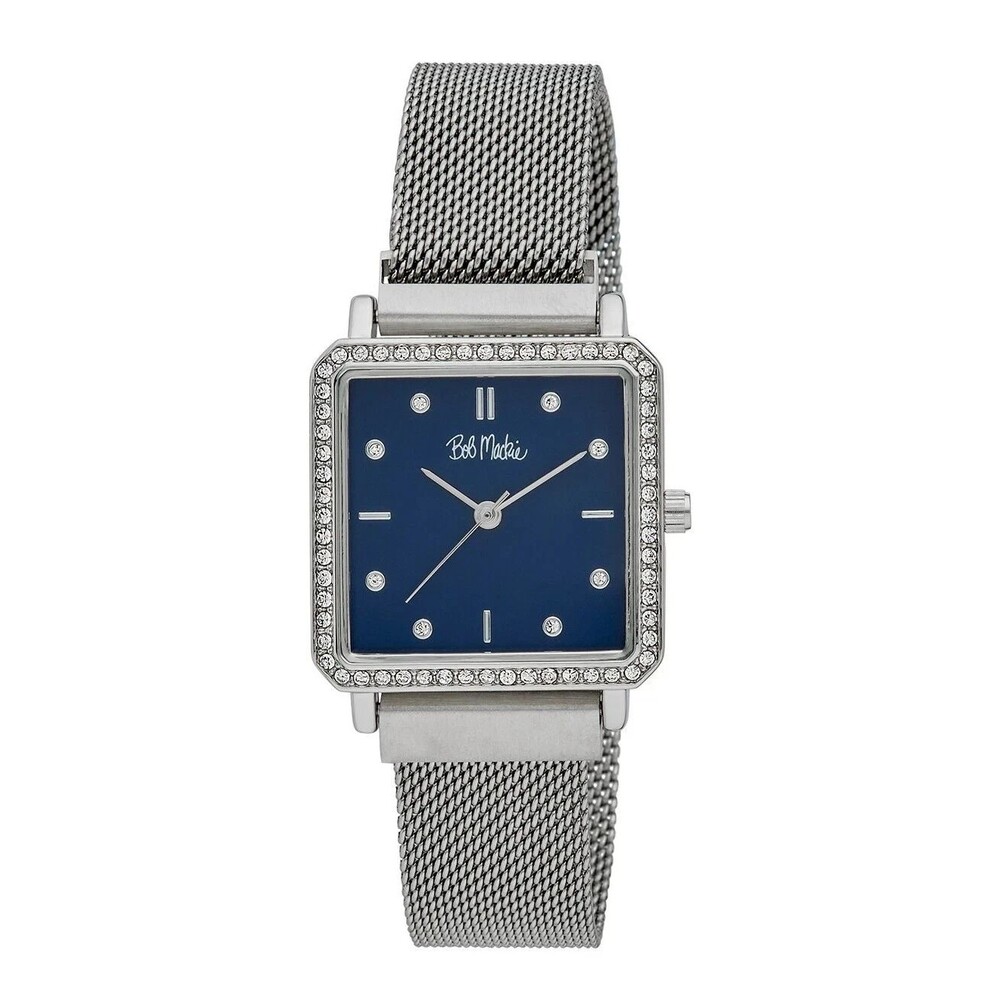 Bob Mackie Silver Square Watch Blue Dial Crystal Bezel Mesh Band | New-Open Box